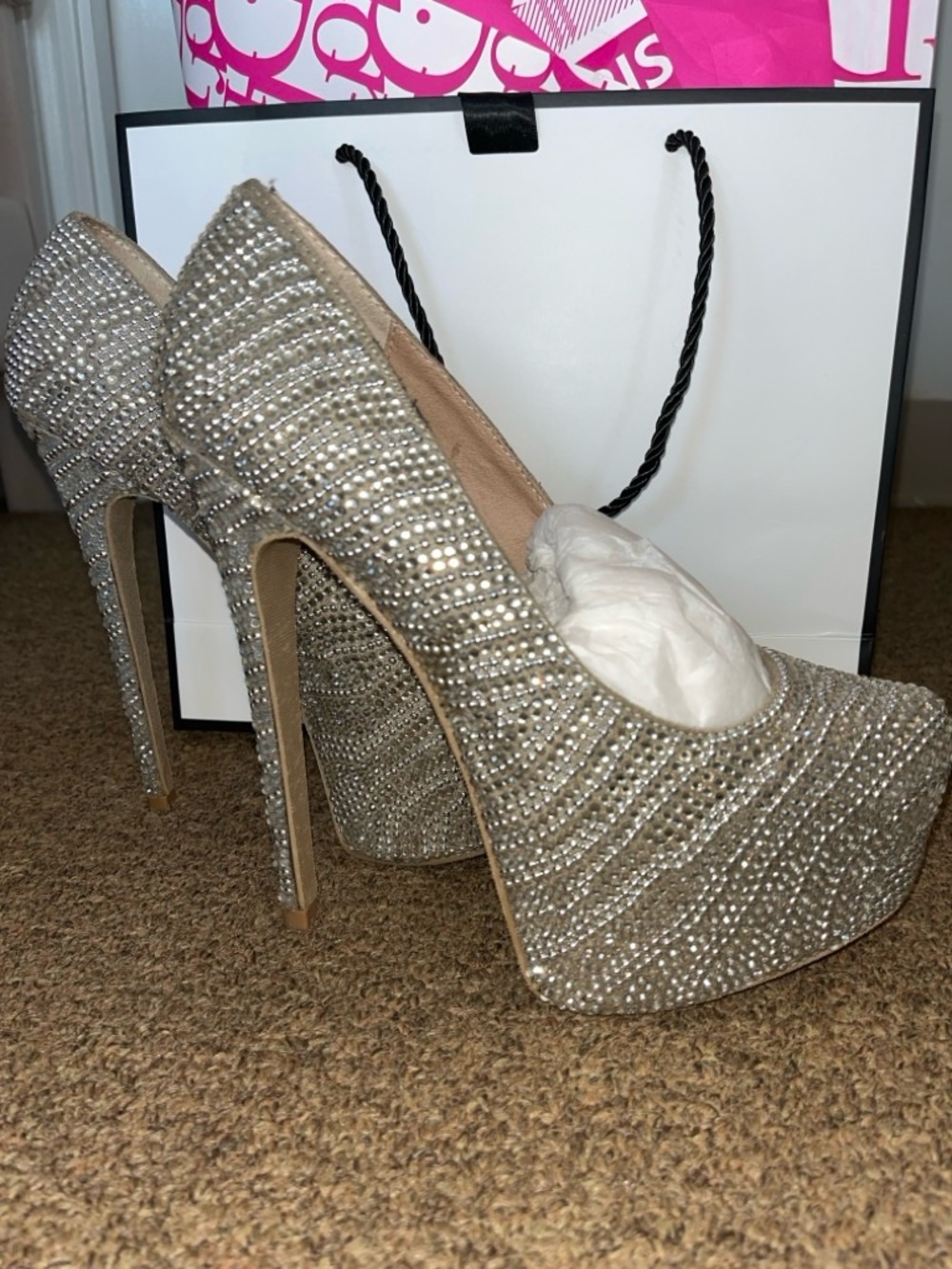 Steve Madden Silver Crystal Platform Stiletto Pumps